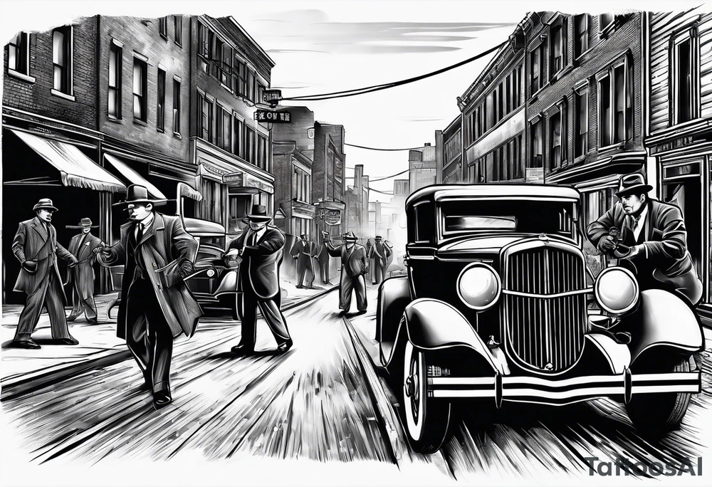 untouchables style gangsters fighting on a 1930s city street, Al capone, bugsy segal, bonnie and clyde, include machine guns, smoke and fire tattoo idea