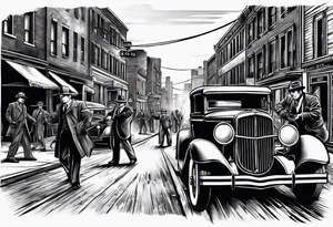 untouchables style gangsters fighting on a 1930s city street, Al capone, bugsy segal, bonnie and clyde, include machine guns, smoke and fire tattoo idea
