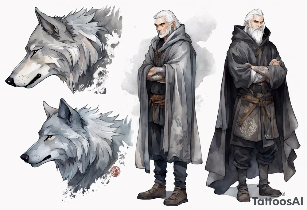 a gaunt medieval man with white hair, grey eyes, and a black cloak standing beside a massive grey wolf tattoo idea