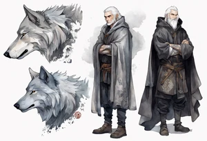 a gaunt medieval man with white hair, grey eyes, and a black cloak standing beside a massive grey wolf tattoo idea