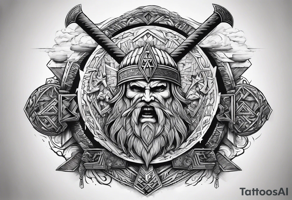 Valhalla sword shield  axe 
Valknut  ruins lightnings tattoo idea