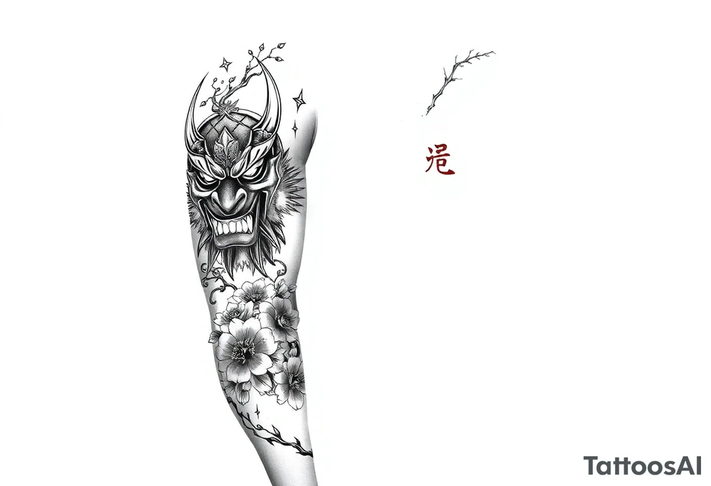 Japanese sleeve including an oni mask that is split in half, cherry blossoms, and the kanji for peace and love tattoo idea