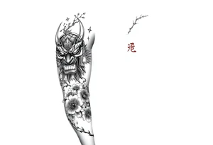 Japanese sleeve including an oni mask that is split in half, cherry blossoms, and the kanji for peace and love tattoo idea