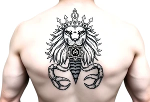 Full arm tattoo, Poseidon , a powerful and majestic lion with a crown and in the middle of this crown a square is a freemason's compass, a realistic scorpion, tattoo idea