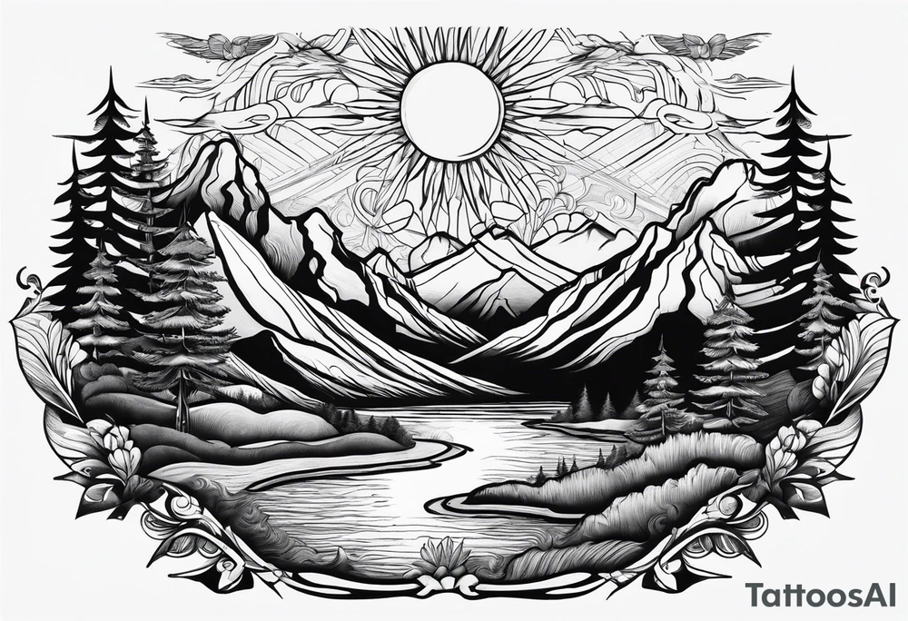 mountains, lake, yurt, sun, road tattoo idea