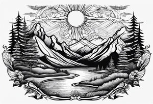 mountains, lake, yurt, sun, road tattoo idea