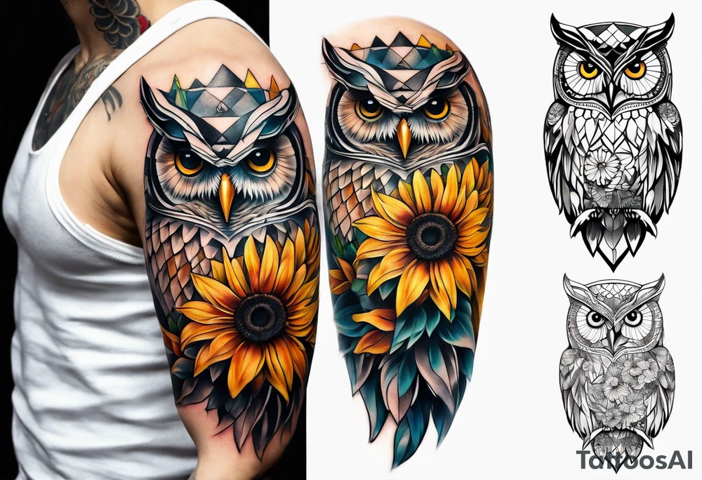 Owl and sunflower sleeve tattoo idea