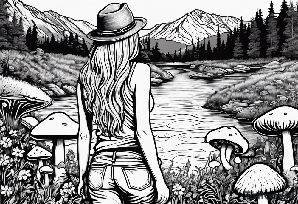 Straight long blonde hair hippie girl in distance holding mushrooms in hand facing away toward mountains and creek surrounded by mushrooms tee shirt and hiking pants tattoo idea