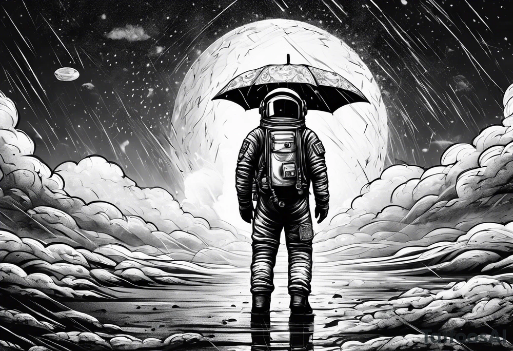 An astronaut holding an umbrella while it's raining showing the full body tattoo idea