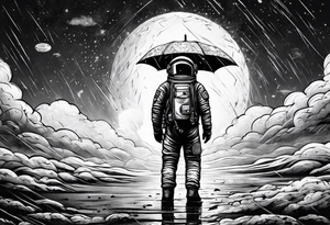 An astronaut holding an umbrella while it's raining showing the full body tattoo idea