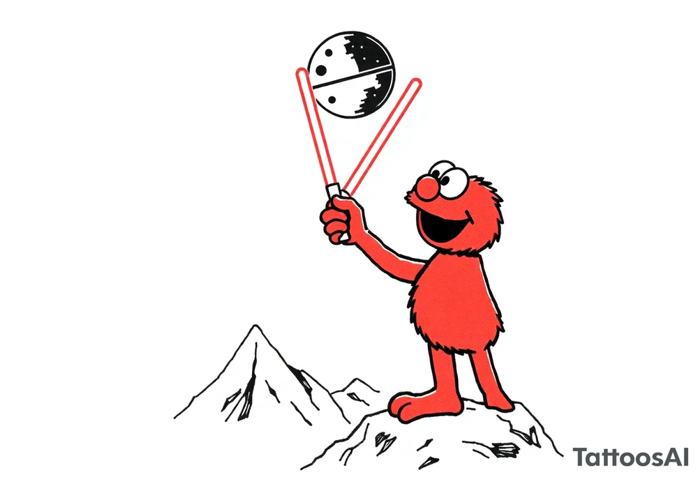 Elmo holding a lightsaber standing on a mountain looking up at the deathstar in space tattoo idea