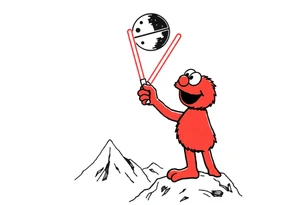 Elmo holding a lightsaber standing on a mountain looking up at the deathstar in space tattoo idea