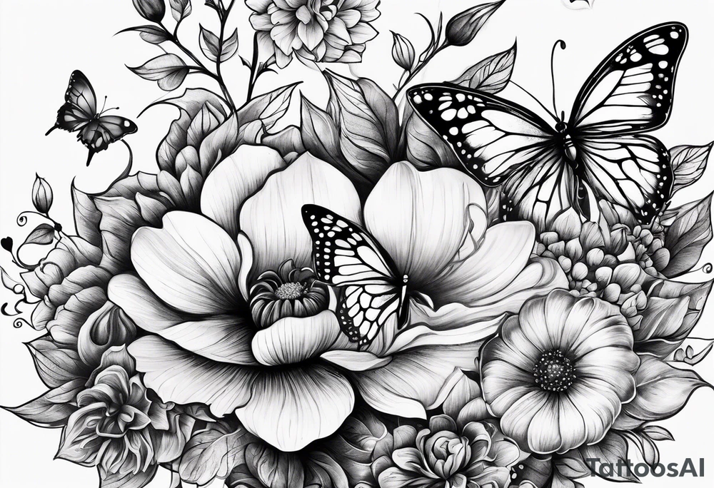 Flowers field with "Ruby" in calligraphy font and butterflies around it tattoo idea