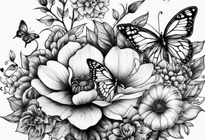 Flowers field with "Ruby" in calligraphy font and butterflies around it tattoo idea