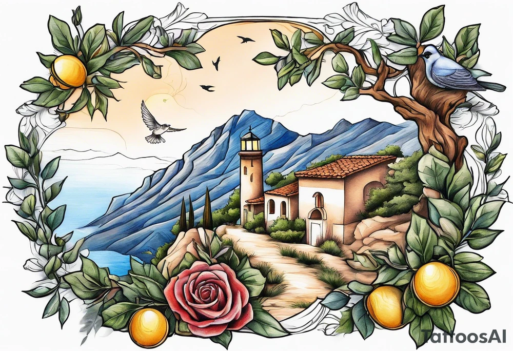 create Mediterranean climate with mountain in the background, add an oak tree, rose bush, dove with olive leaf, singing nightingale, lantern with a lit candle. tattoo idea