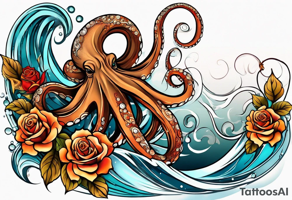 masculine abstract left thigh tattoo with a large long flowing octopus in water swirls wrapping around rocks, with a rose, in fall colors with some small leaves and fall elements tattoo idea