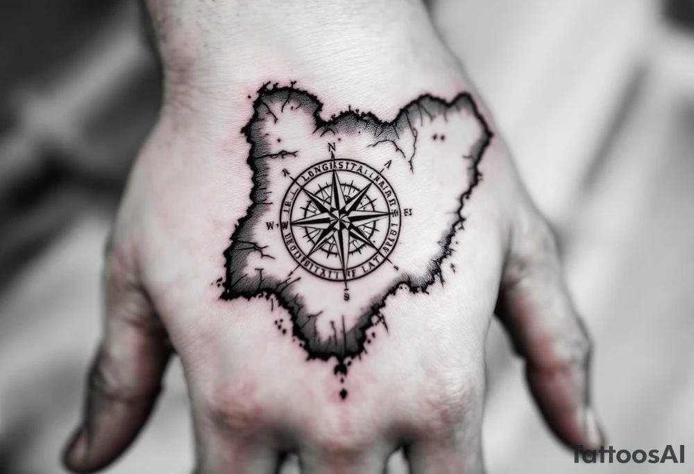 Compass on the back of the palm in the shape of Nigeria with longitude written on the top and latitude written on the bottom. tattoo idea