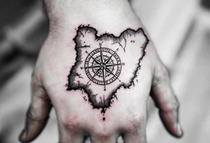 Compass on the back of the palm in the shape of Nigeria with longitude written on the top and latitude written on the bottom. tattoo idea