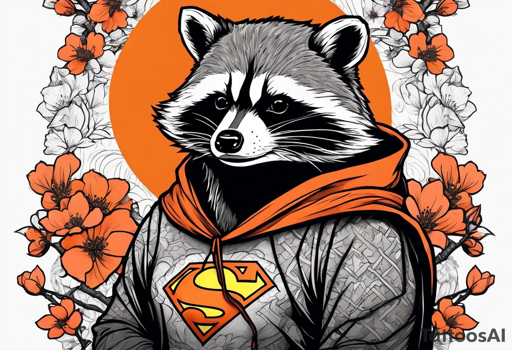 raccoon wearing a black and white Superman hoodie and orange Japanese cherry blossoms tattoo idea