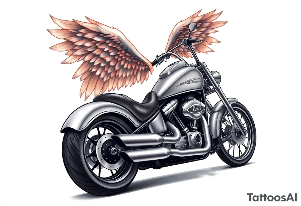 Low rider grey motorcycle, big muffler pipes with flames, angel wings, driving away, no person tattoo idea