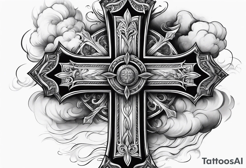 cross with smoke behind it in a storm tattoo idea