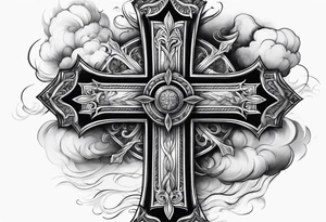 cross with smoke behind it in a storm tattoo idea