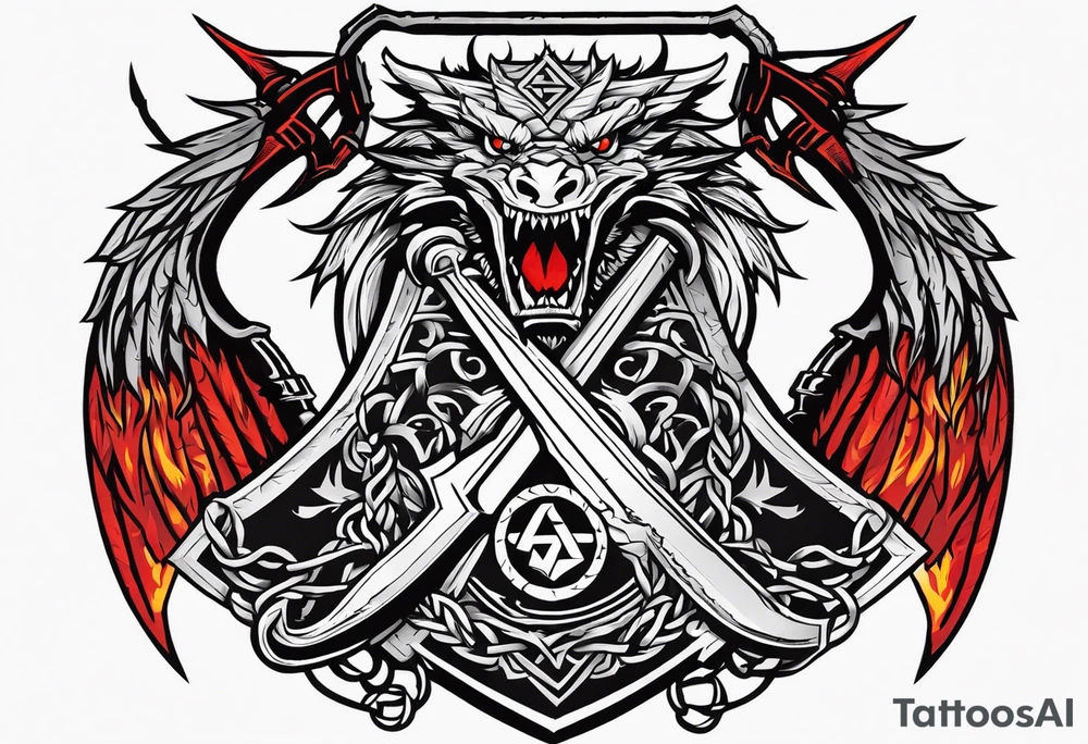 Valhalla sword shield dragon axe Valknut barbed wire chains fire tattoo idea