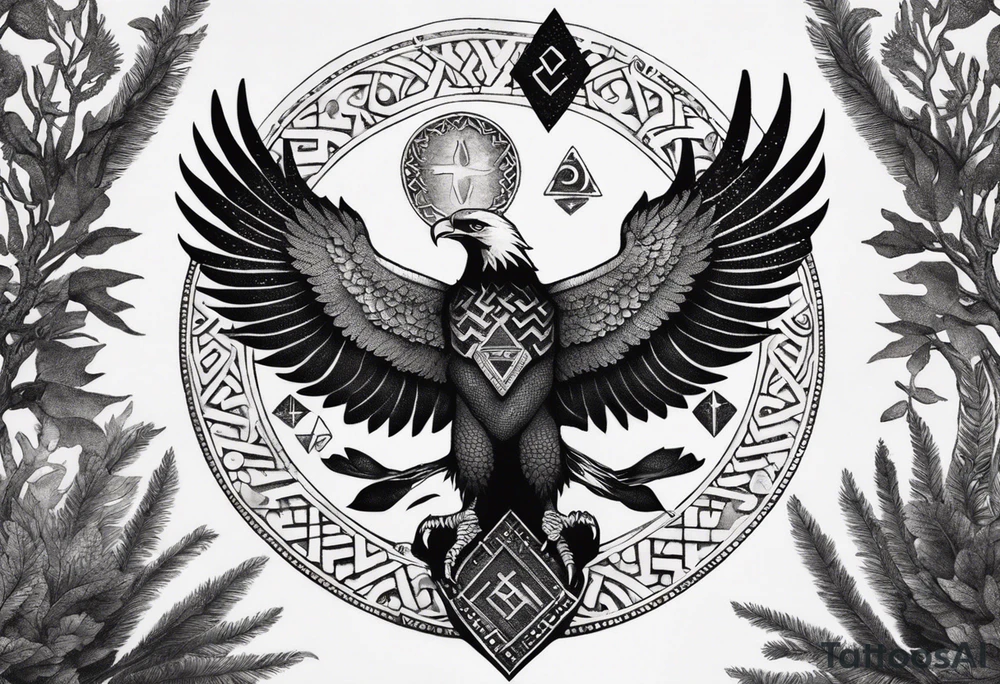 Polish eagle surrounded by viking runes sitting on the tree of life, scattered random geometric shapes and ancient artifacts, include Bruce Springsteens simply the best song it will be a long sleeve tattoo tattoo idea