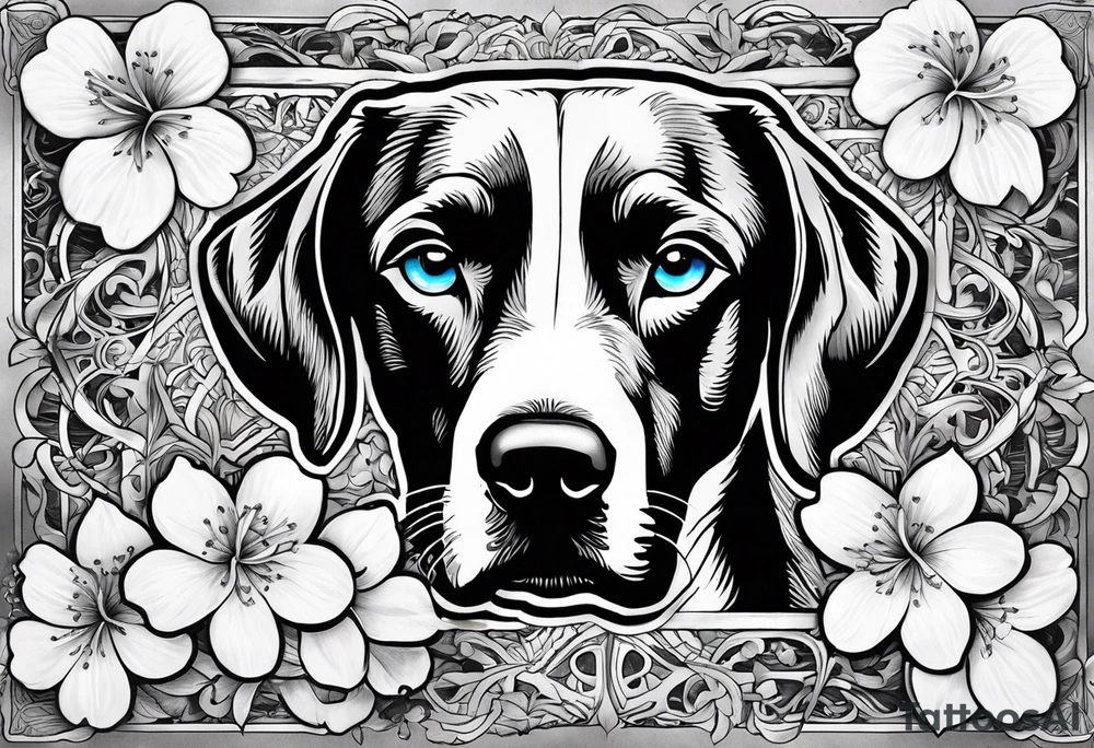 Lily flowers with Clover leaf card a cross and blue eyes of a Labrador retrevier tattoo idea