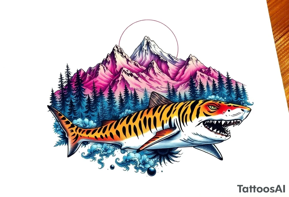 forest mountains and tiger sharks, tattoo idea