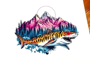 forest mountains and tiger sharks, tattoo idea