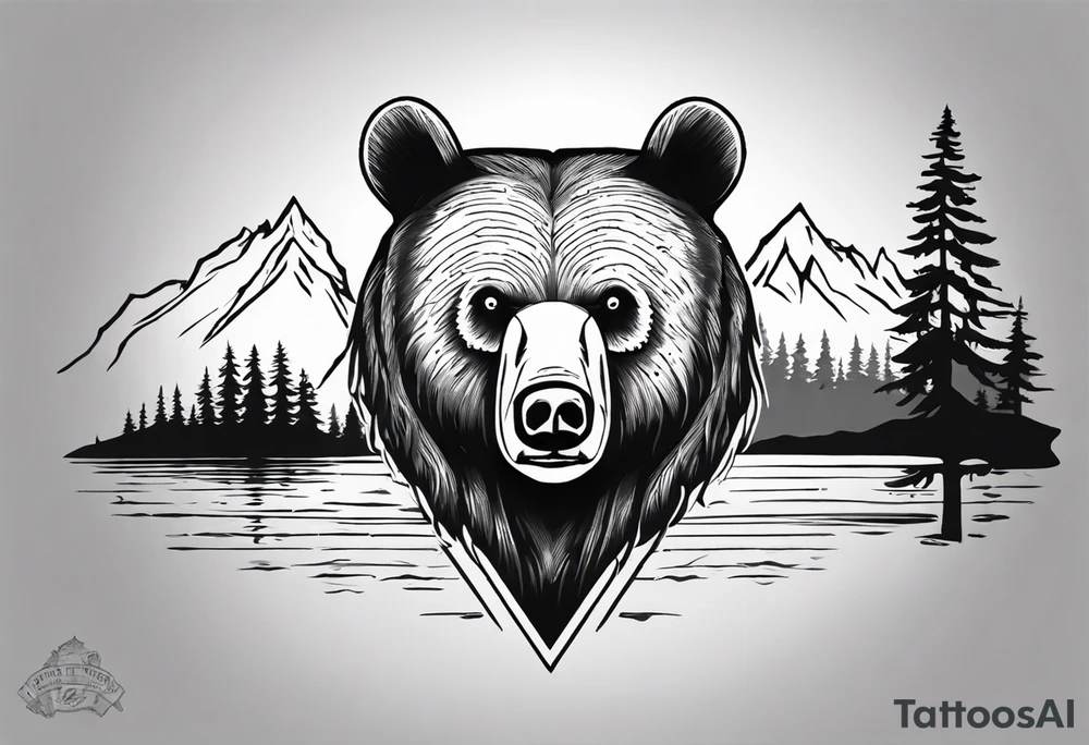 bear head right above the forest line with a lake below, full arm sleeve tattoo tattoo idea