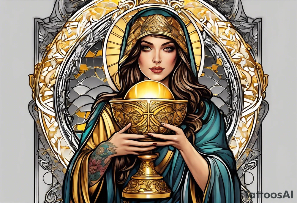 woman saint holding chalice surrounded by golden halo tattoo idea