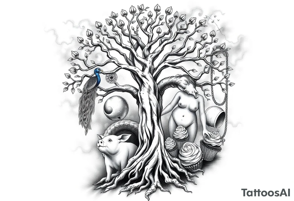 mystical tree of life with cosmic roots and celestial branches fat naked sexy woman , peacock , pig , cupcakes, liquor, cigerette, Storm clouds, pig, peacock , fat sexy naked fat woman, cupcakes, noose , money, goat lion, couple having sex, cigerette storm lightening, killing, darkness death, violent majestic creatures fat naked girl tattoo idea
