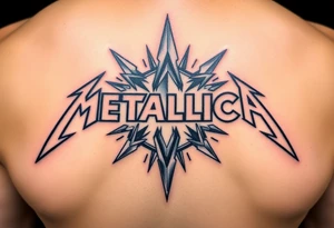 A detailed depiction of the "Metallica" logo in a sharp, angular font, surrounded by shards of shattered glass, glowing with metallic silver and dark shadows tattoo idea
