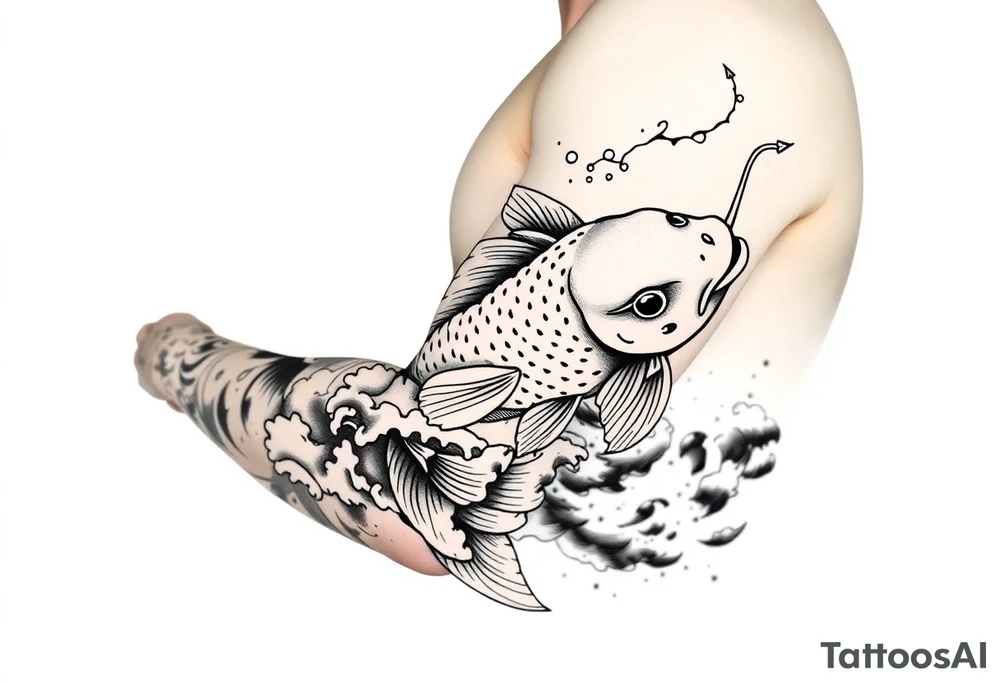 traditional koi fish swimming upstream through turbulent waves tattoo idea