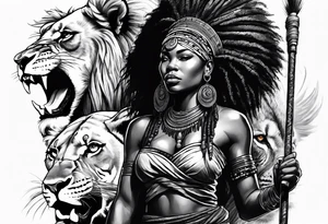 African woman warrior holding spear with deadlocks and earrings. With lion in the background tattoo idea