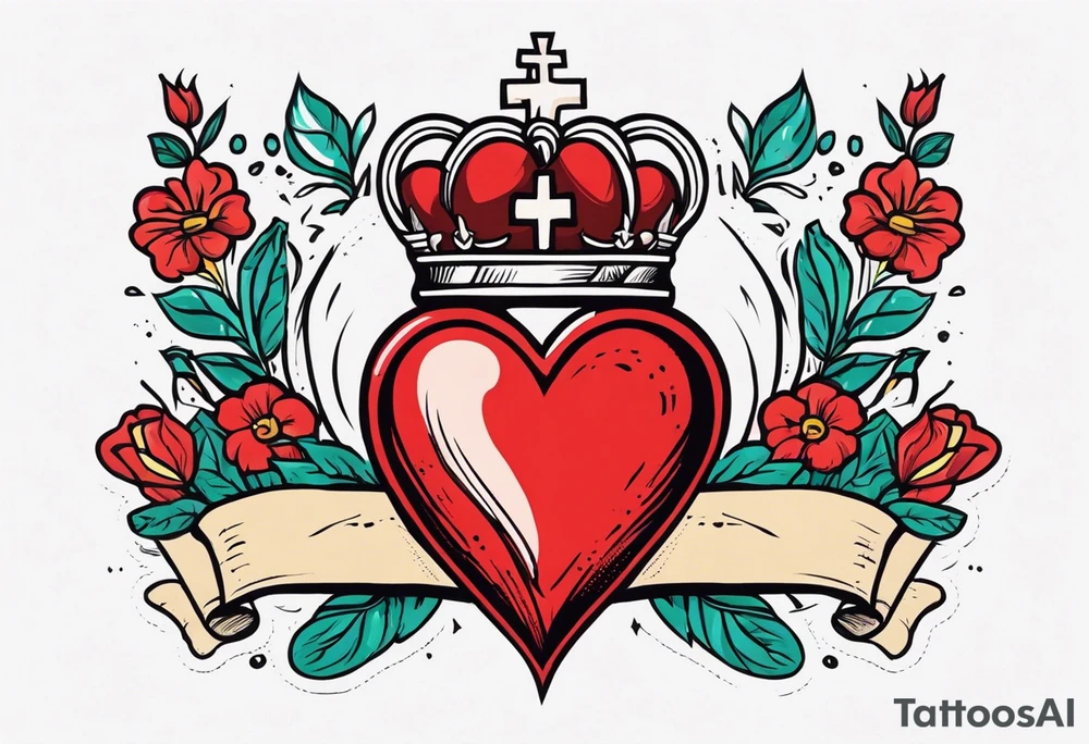 sacred heart vintage traditional tattoo simple sketch old school bold colors with banner christian
symbol
flowers crown on top of heart tattoo idea
