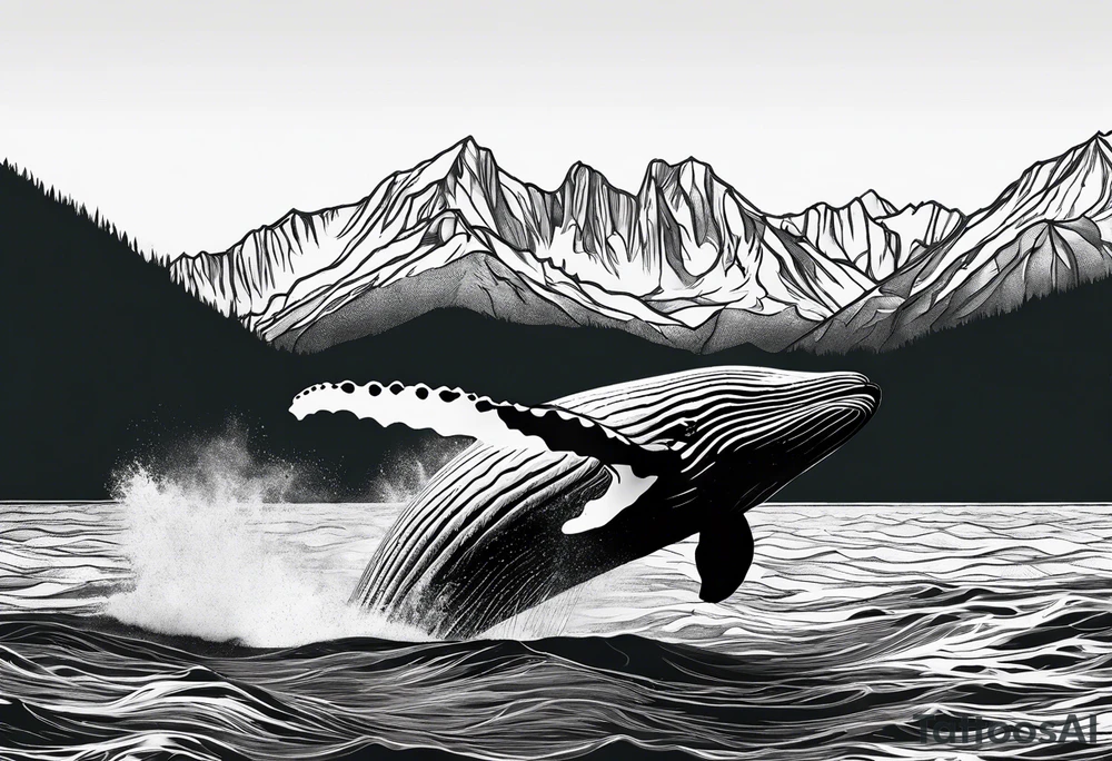 breaching humpback whale in front of a drawing of the Rocky mountains tattoo idea