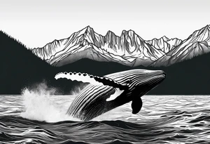 breaching humpback whale in front of  a drawing of the Rocky mountains tattoo idea