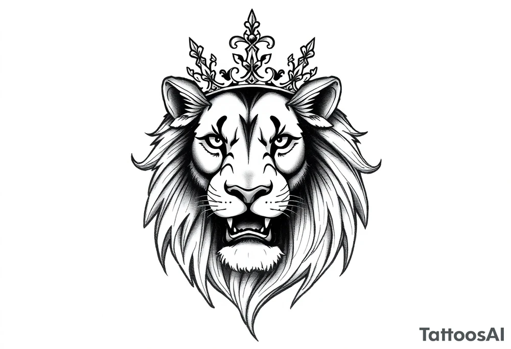 Lioness face with crown tattoo idea