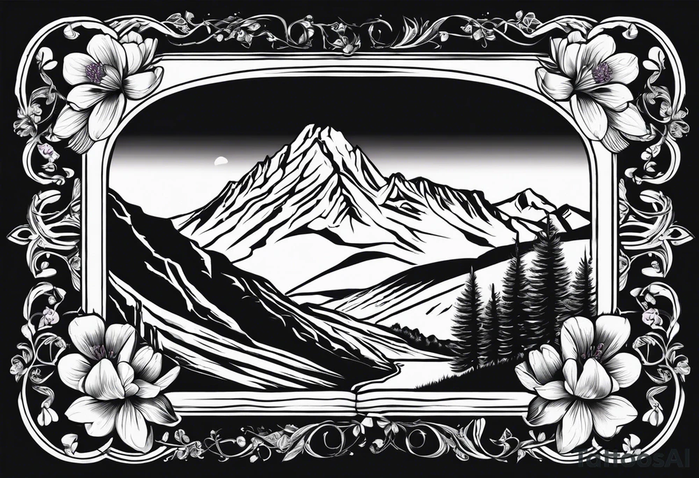 composition with mountain (Gran Sasso) with Crocus flowers, and an explorer trekking. Background in rectangular g shape. Do not enter rivers and trees. Do it in color. The design style must be that of Old School Traditional Tattoo. tattoo idea
