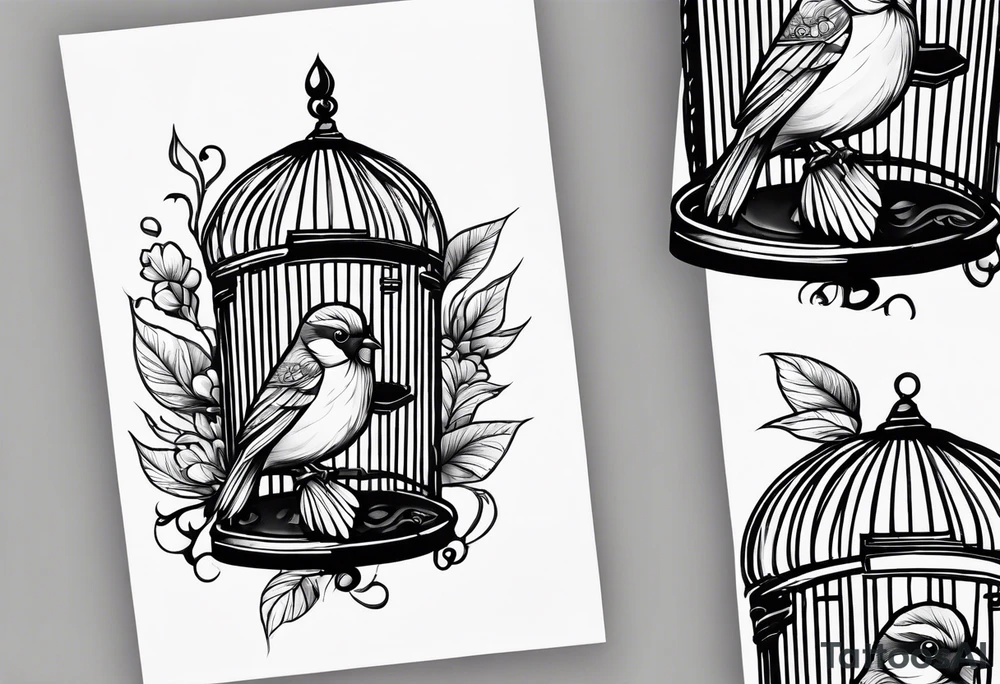 neo traditional foliage on the left top of a bird cage tattoo idea