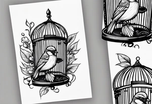 neo traditional foliage on the left top of a bird cage tattoo idea