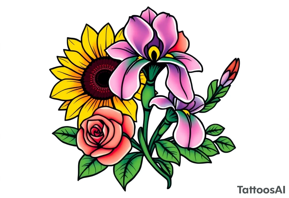 Sunflower,iris and a Rose flowers tattoo idea