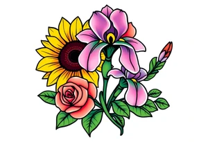 Sunflower,iris and a Rose flowers tattoo idea