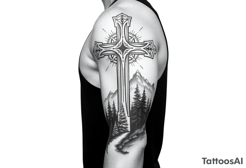 russian christian orthodox cross with the diagonal line at the bottom with a light forrest with a light mountainous setting tattoo idea