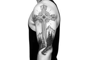 russian christian orthodox cross with the diagonal line at the bottom with a light forrest with a light mountainous setting tattoo idea