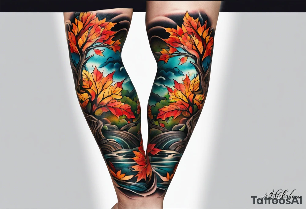 Knee tattoo with fall colors showing leaves, water flow and sky tattoo idea