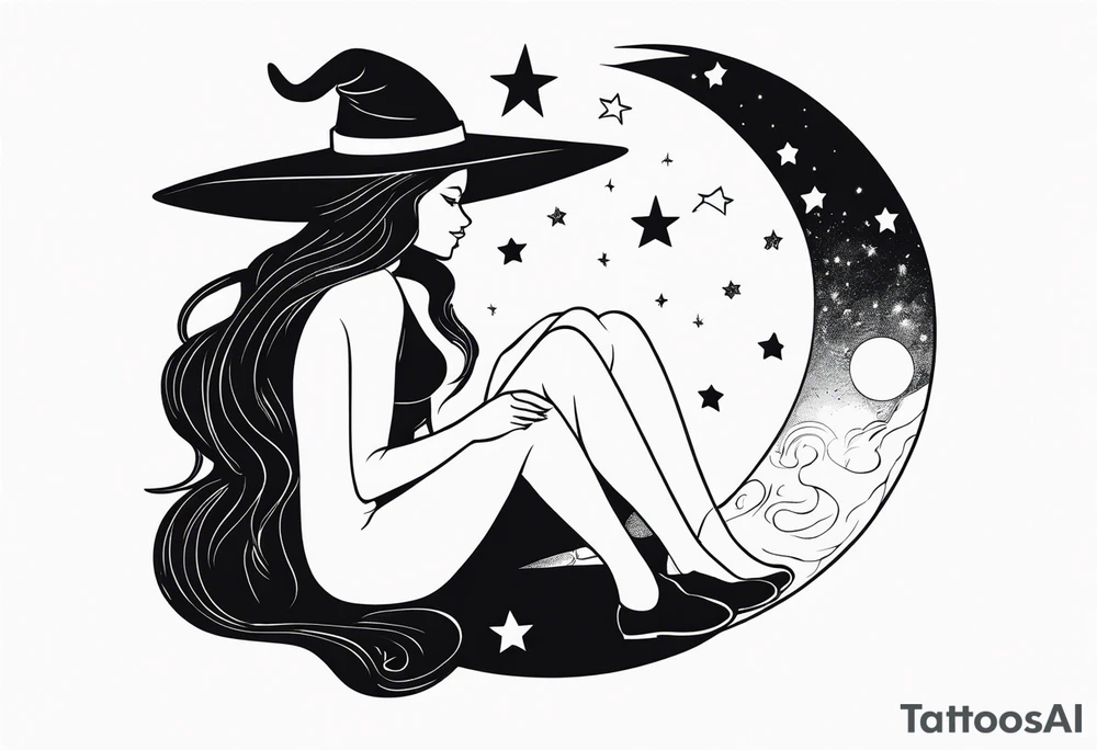 Witch sitting on a moon, black cat, stars,  broom tattoo idea